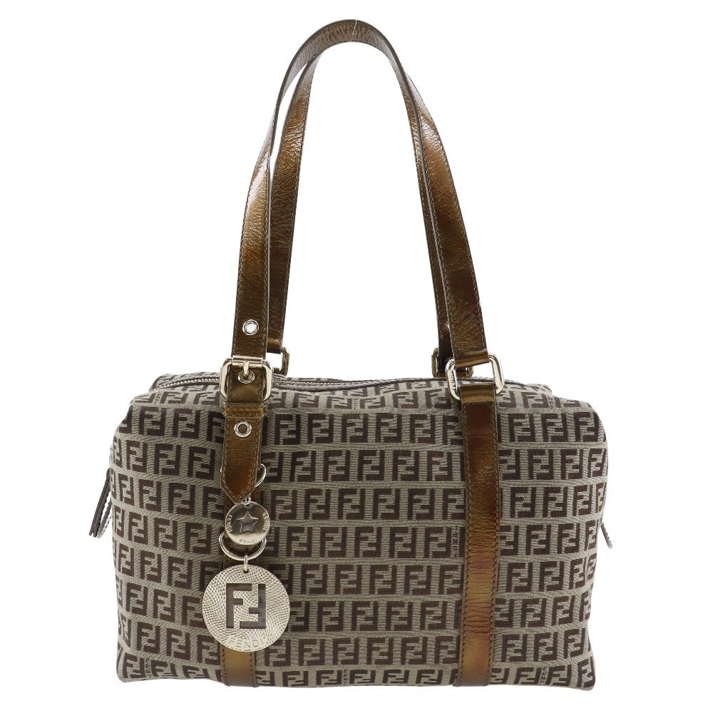Fendi Zucca Boston Shoulder Bag Nylon Canvas Bron White Double Zipper - Picture 1 of 8